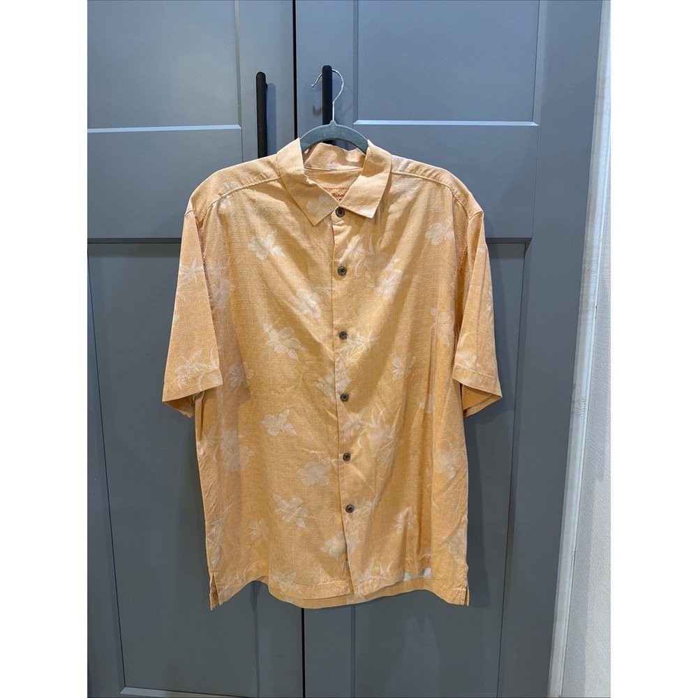 Tommy bahama Men's Large Orange Hawaiian Short Sleeve Shirt, Excellent Cond.